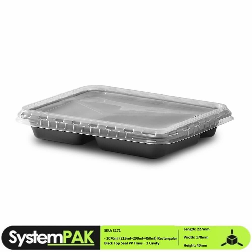 227x178x40mm 955ml Black Rectangular Trays - 3 Cavity