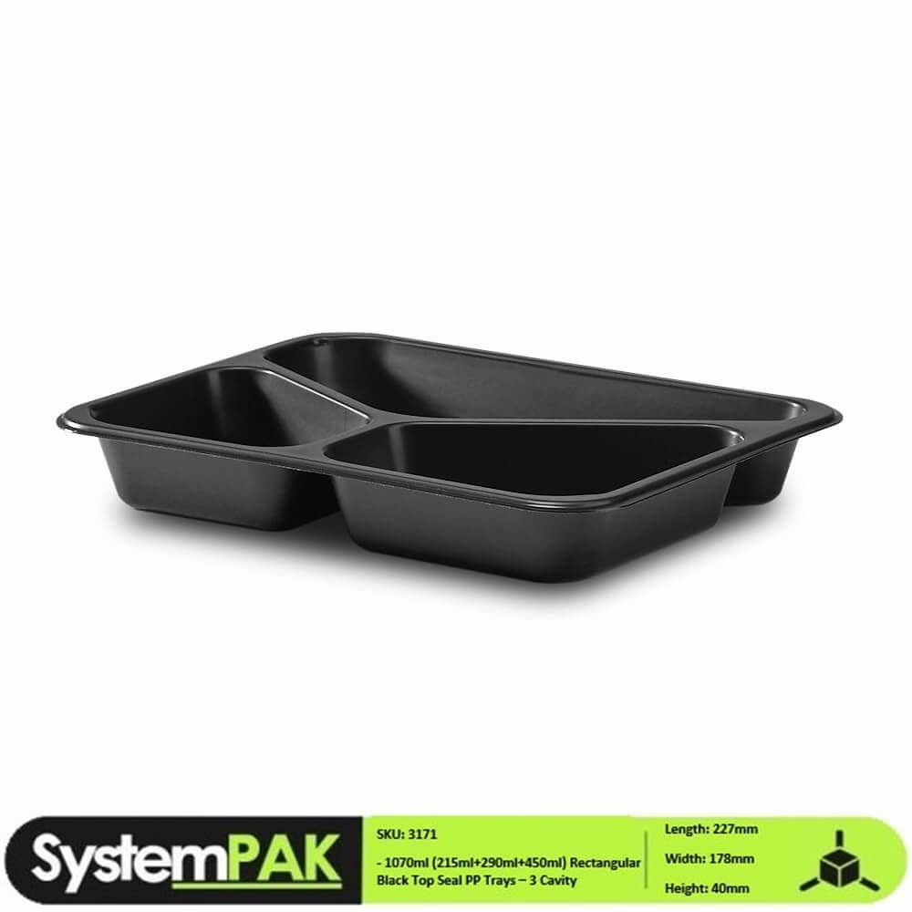 227x178x40mm 955ml Black Rectangular Trays - 3 Cavity