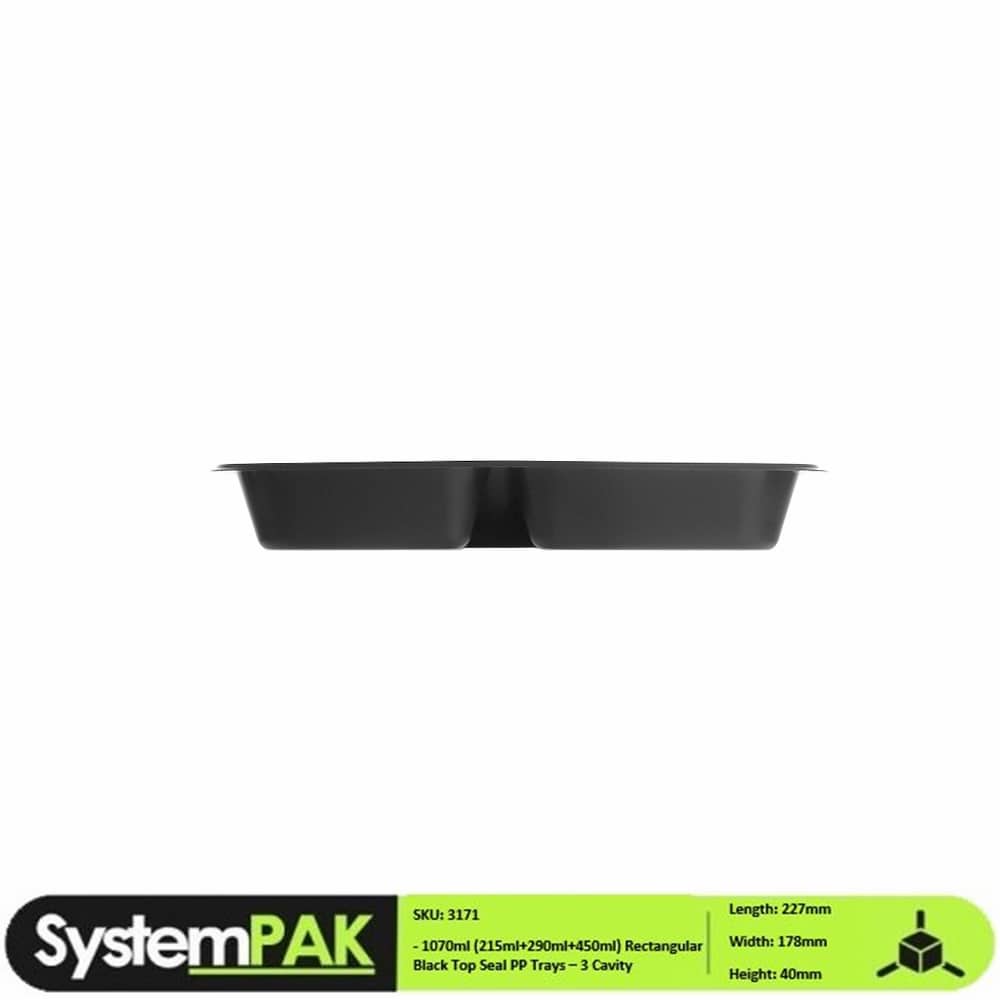 227x178x40mm 955ml Black Rectangular Trays - 3 Cavity