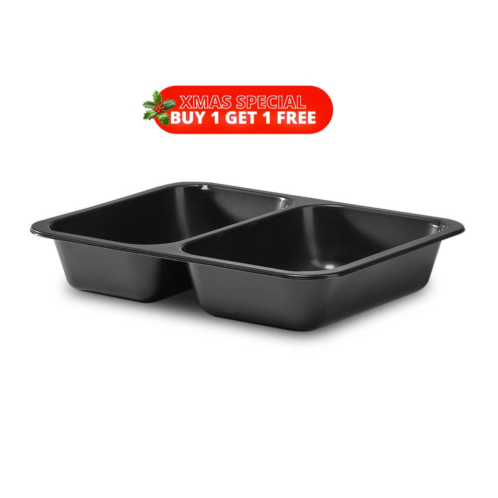 227x178x40mm 1090ml Black Rectangular Trays - 2 Cavity