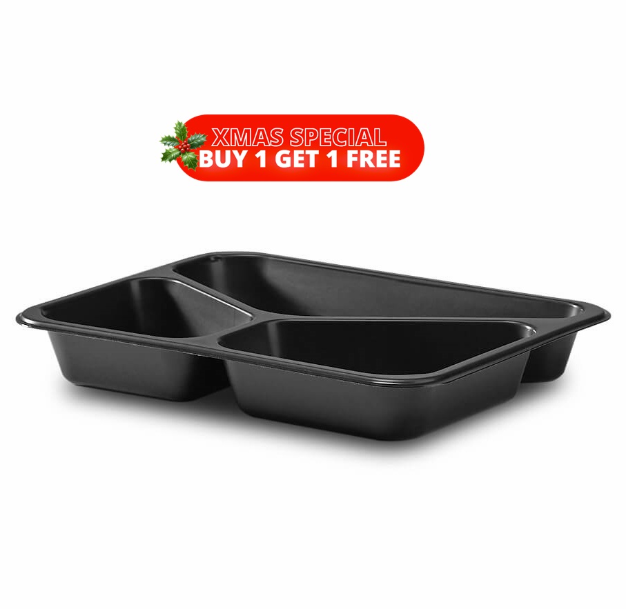 227x178x40mm 955ml Black Rectangular Trays - 3 Cavity